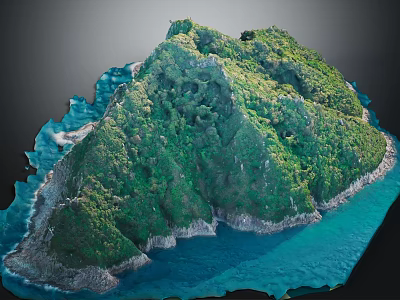 Mountainous Island Terrain With Lush Green Vegetation Rocky Coastline And Blue Seawater 3d model