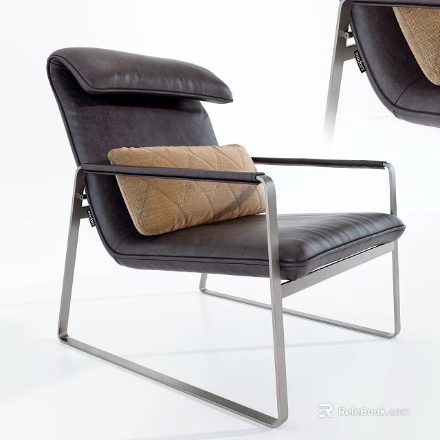 Modern Dark Leather Leisure Chair With Metal Frame High Backrest And Beige Textured Cushion 3d model 