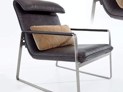 Modern Dark Leather Leisure Chair With Metal Frame High Backrest And Beige Textured Cushion 3d model