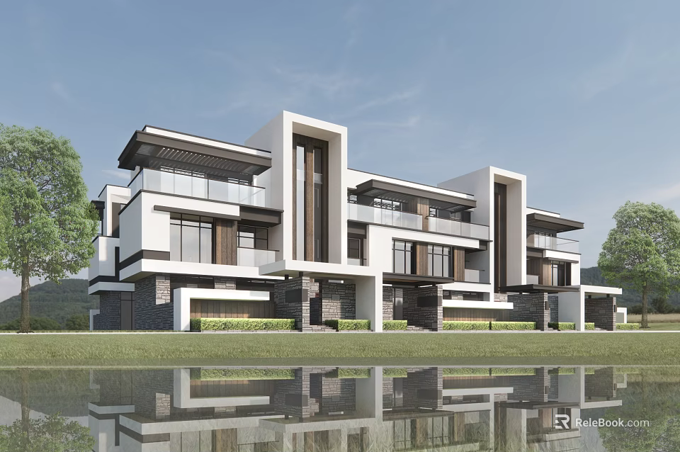 Modern Detached Villa Exterior With Multi Story Glass Windows Balconies And Lake Reflection 3d model 