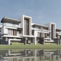 Modern Detached Villa Exterior With Multi Story Glass Windows Balconies And Lake Reflection