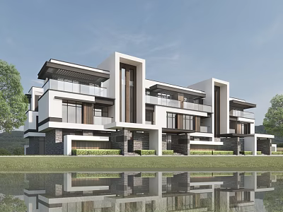Modern Detached Villa Exterior With Multi Story Glass Windows Balconies And Lake Reflection 3d model