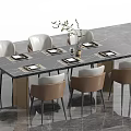 Modern Dining Table Set Featuring Marble Top White Brown Chairs and Tableware with Vase 3d model