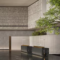Modern Clubhouse Lobby With Open Space Grey Walls Orange Sofa Green Plants And Marble Decor