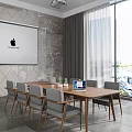 Modern Conference Room Interior With Long Wooden Table Gray Chairs Laptop Potted Plants And Window