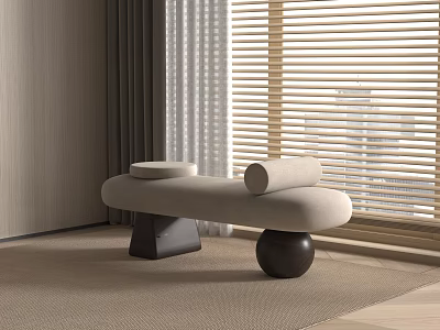 Modern Upholstered Bed Bench With Round Pillow And Black Legs By Window With Blinds 3d model