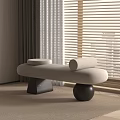 Modern Upholstered Bed Bench With Round Pillow And Black Legs By Window With Blinds