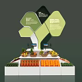 Fruit Store Display Stand Featuring Hexagonal Green White Structures Various Colored Fruits And Price Tags