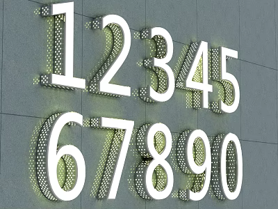 White 1234567890 Numbers With Green Lighting Effect On Gray Wall Background 3d model