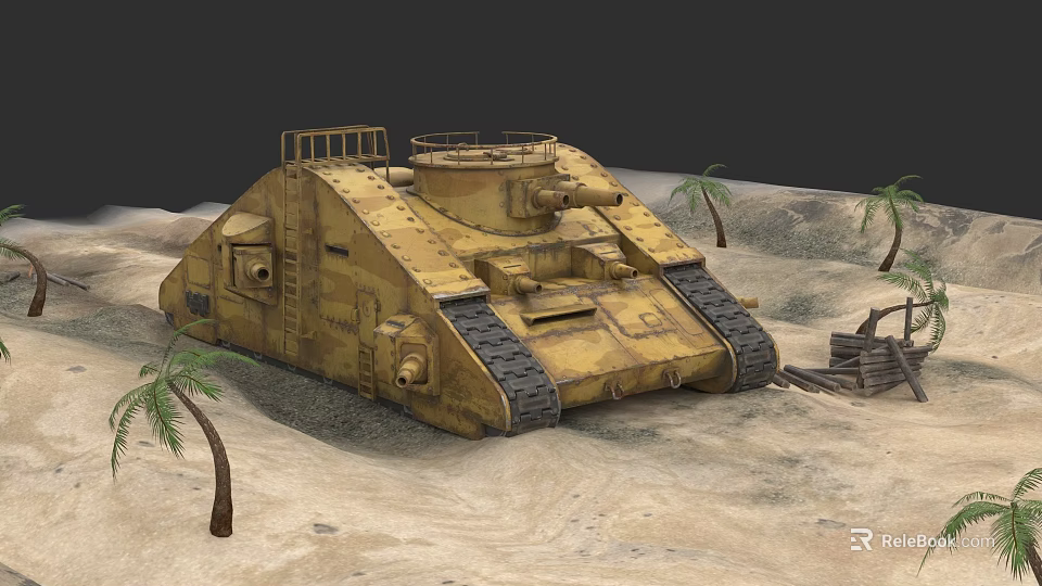 Yellow Military Tank in Desert Landscape with Palm Trees and Wooden Fence 3d model 