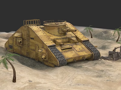 Yellow Military Tank in Desert Landscape with Palm Trees and Wooden Fence 3d model