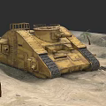 Yellow Military Tank in Desert Landscape with Palm Trees and Wooden Fence