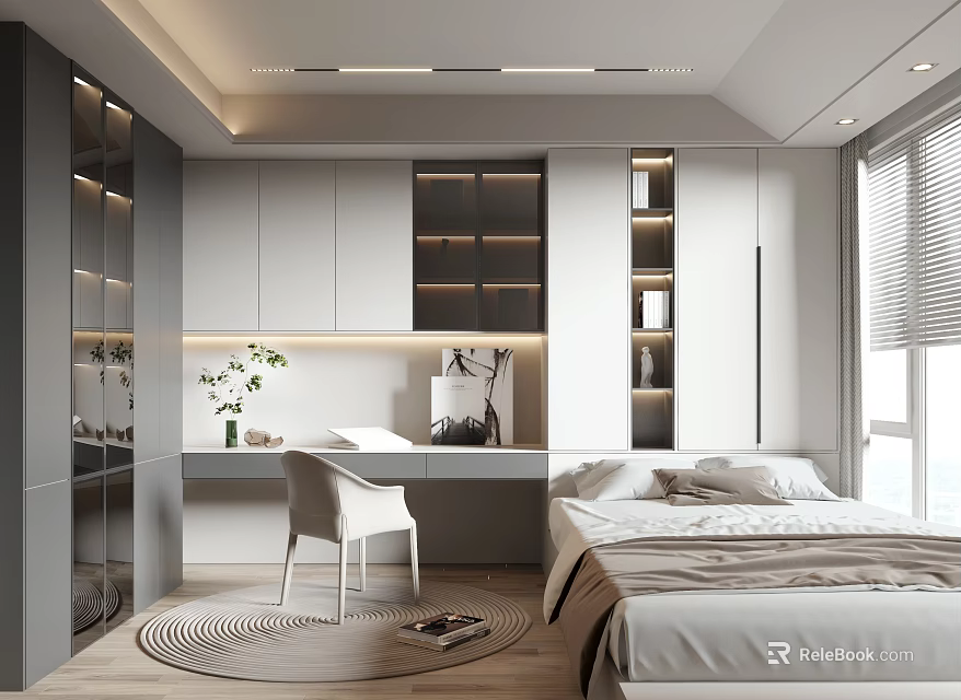 Modern Tatami Bedroom Interior With Tatami Bed Desk White Chair Cabinets And Potted Plant 3d model 