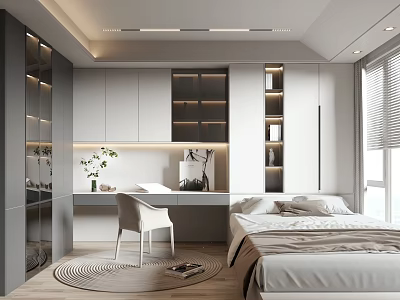 Modern Tatami Bedroom Interior With Tatami Bed Desk White Chair Cabinets And Potted Plant 3d model