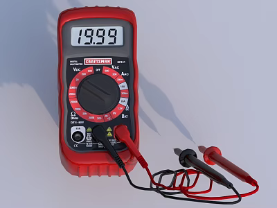 Red Digital Multimeter With 19.99 Display And Test Leads On White Background 3d model
