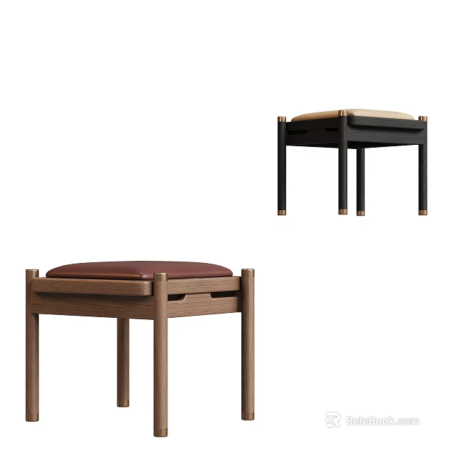 Modern Minimalist Stools With Wooden And Black Frames And Brown Beige Cushioned Seats 3d model 