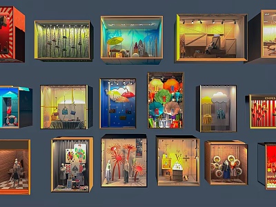 Varied Shop Window Displays With Creative Designs Decorative Items And Lighting 3d model