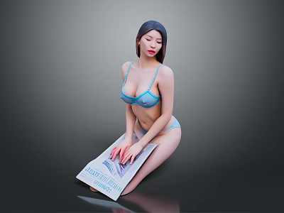 A Woman in Blue Lingerie Kneeling on Floor Posing with Newspaper 3d model