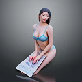A Woman in Blue Lingerie Kneeling on Floor Posing with Newspaper