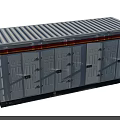 Modular Container Building Exterior With Multiple Doors And Striped Metal Roof