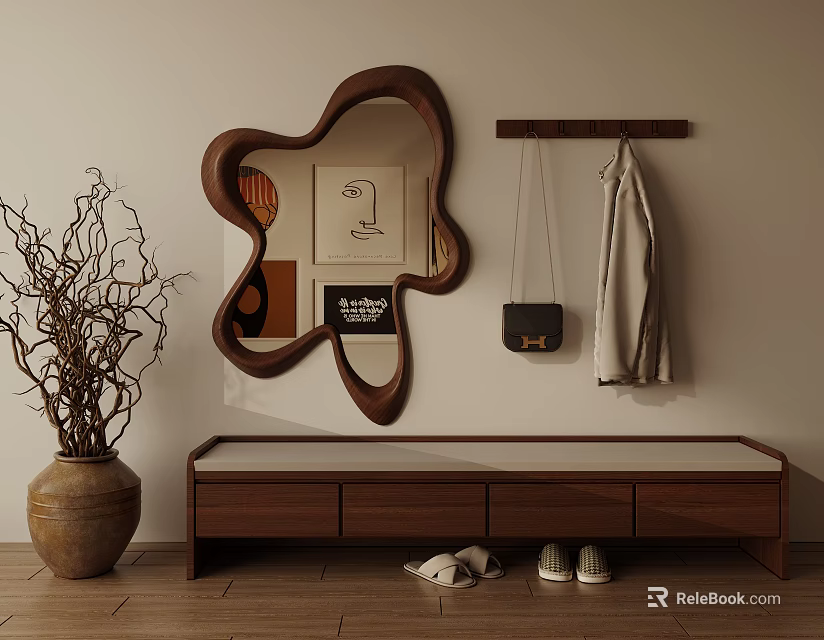 Modern Entryway Decor With Irregular Mirror Coat Rack And Bench 3d model