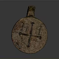 Ancient Metal Sculpture With Carved Circular Design And Ring Handle Cross Patterns