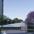 Modern Pergola Structure With Glass Facade And Trees Near High Rise Buildings