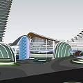 Modern Hotel Building Night View With Tall Structure Circular Arches Fountain Palm Trees And Garden