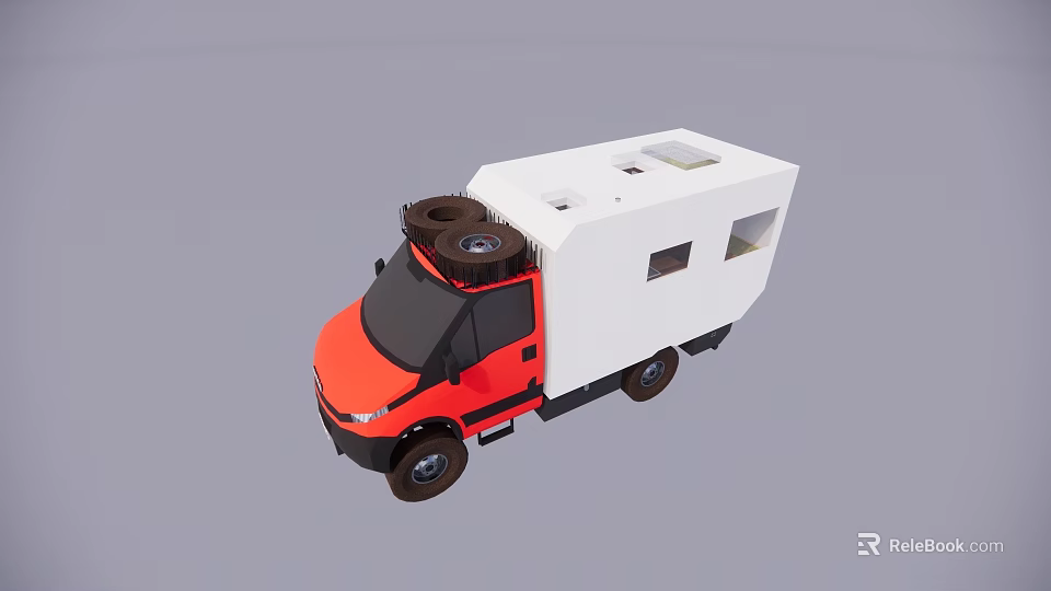 Orange And White Camper Truck With Spare Tires On Roof For Camping 3d model 