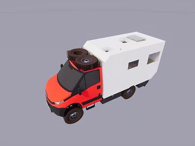 Orange And White Camper Truck With Spare Tires On Roof For Camping 3d model