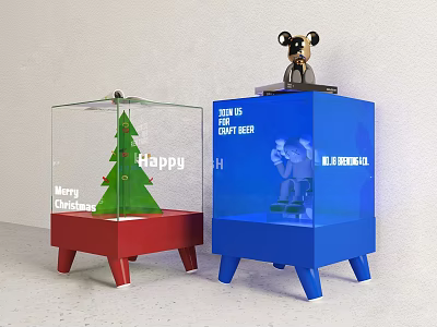 Festive Display Shelves with Transparent Glass Red Blue Bases Christmas Tree Gift Box Toy Decoration 3d model
