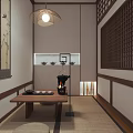 Traditional Teahouse Interior With Wooden Ceiling Tables Chairs And Tea Sets On Shelves