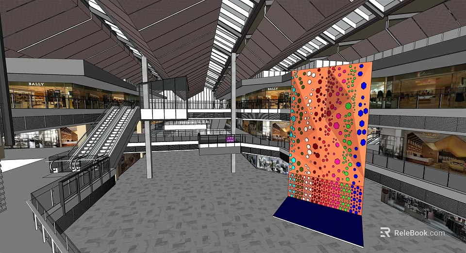 Multi Level Shopping Mall Interior Featuring Colorful Art Installation Escalators And Skylights 3d model 