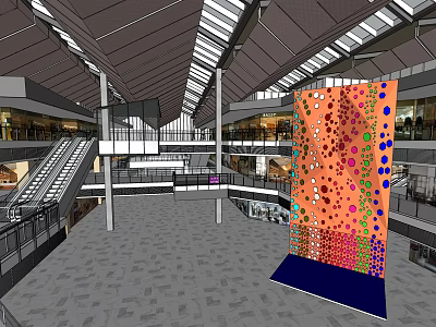 Multi Level Shopping Mall Interior Featuring Colorful Art Installation Escalators And Skylights 3d model