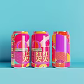 Colorful Vibrant Drink Cans With Pink Purple Orange Patterns On Blue Background