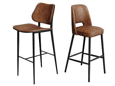 Comfortable Brown Leather Bar Stools With Black Metal Frame And Backrest 3d model