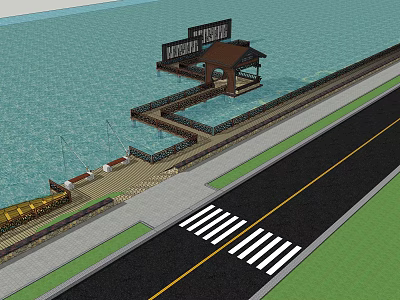 Road Facilities Featuring Pedestrian Crosswalk Sidewalk and Waterfront Wharf Area 3d model