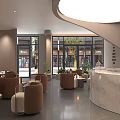 Elegant Modern Sales Office Lobby With Curved Marble Reception Counter And Comfortable Lounge Seats