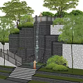 Garden Feature With Waterfall Stone Steps Lush Greenery And Modern Buildings
