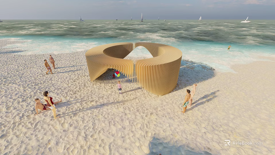 Scenic Circular Wooden Beach Structure With Visitors Near Ocean And Sailboats 3d model 
