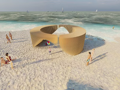 Scenic Circular Wooden Beach Structure With Visitors Near Ocean And Sailboats 3d model
