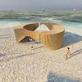 Scenic Circular Wooden Beach Structure With Visitors Near Ocean And Sailboats
