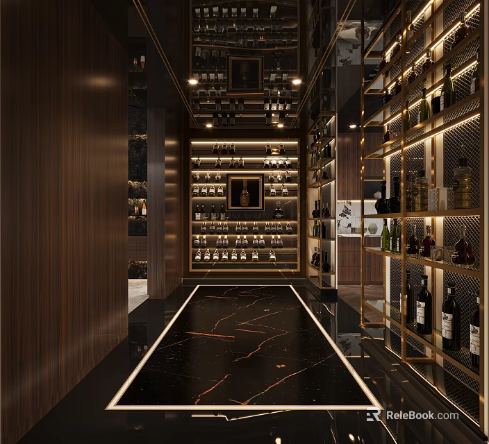 Luxury Wine Cellar Interior With Glass Wine Racks Golden Accents And Marble Floor 3d model 