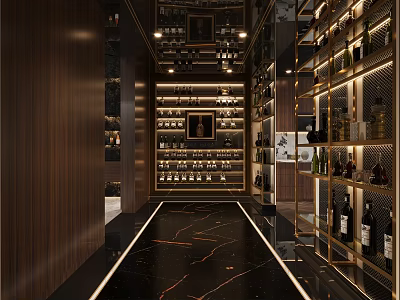 Luxury Wine Cellar Interior With Glass Wine Racks Golden Accents And Marble Floor 3d model
