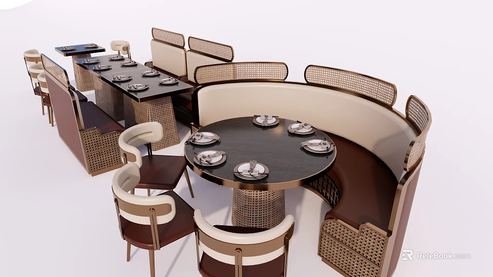 Modern Dining Table and Chair Set With Round Dark Tabletop Woven Seats and Booth Seating 3d model 