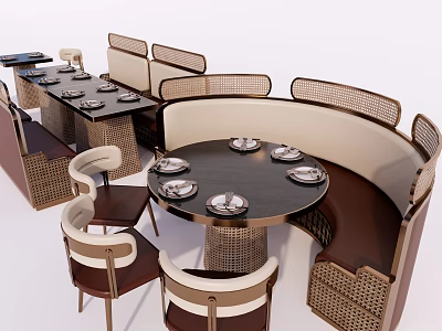 Modern Dining Table and Chair Set With Round Dark Tabletop Woven Seats and Booth Seating 3d model