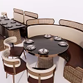 Modern Dining Table and Chair Set With Round Dark Tabletop Woven Seats and Booth Seating