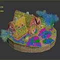 Fairy Tale Cottage Miniature Model With Green Mossy Roof Garden Flowers Trees Pathway And Car