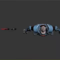 Futuristic Armored Character In Blue Red Suit With Two Swords And Red Accents