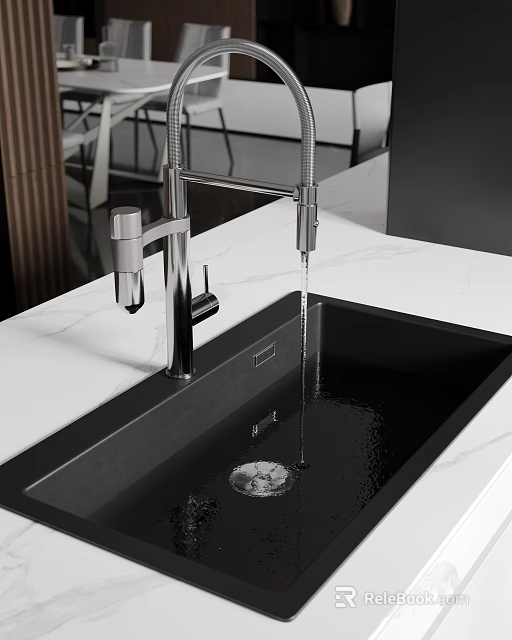 Modern Black Kitchen Sink With Stainless Steel Faucet Water Flowing On White Marble Countertop 3d model 